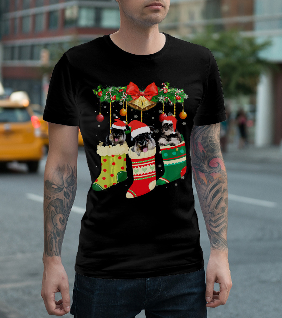 Funny Schnauzer Christmas Socks in Festive Holiday Stockings T-Shirt
