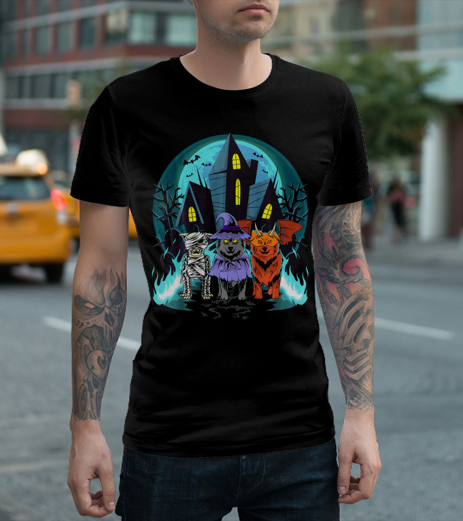 Halloween Shelties Mummy Witch Devil in Haunted House Scene T-Shirt