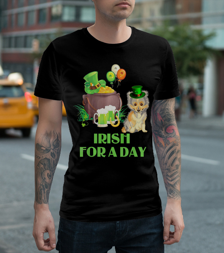 Irish For A Day Pembroke Sheltie Leprechaun Hat Rainbow Balloons T-Shirt
