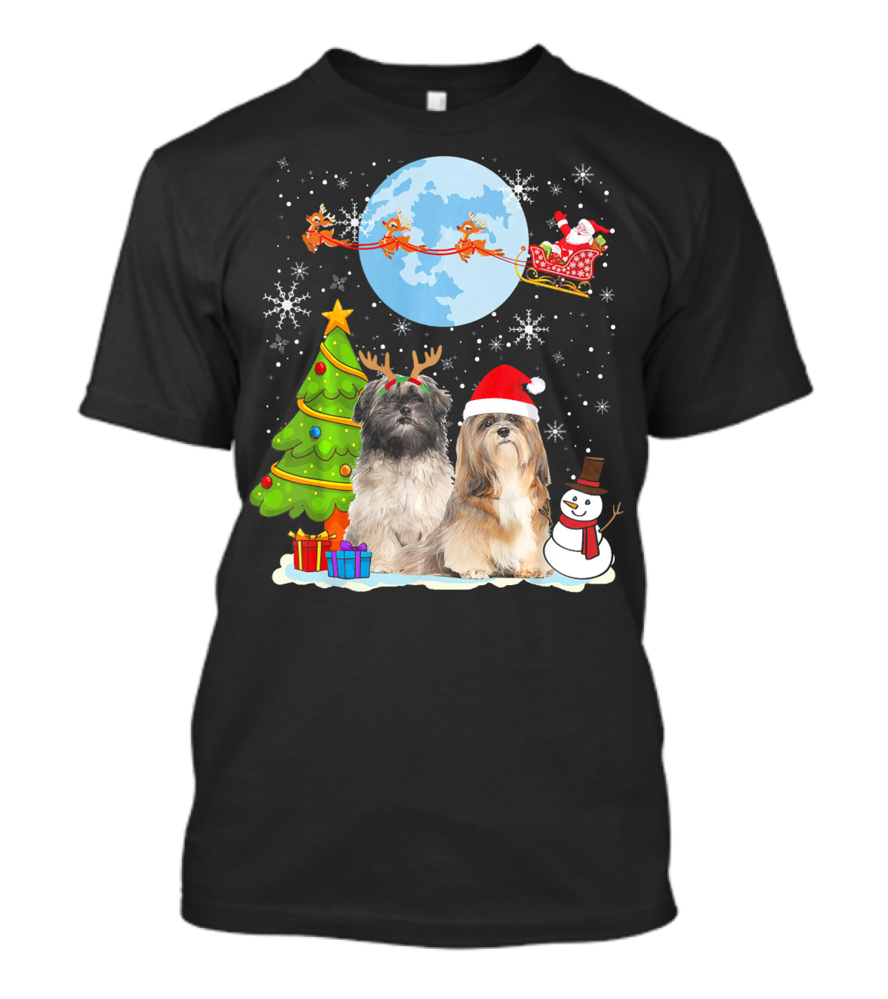 Funny Lhasa Apso Christmas Moon Santa Reindeer Sleigh Snowman Tree T-Shirt