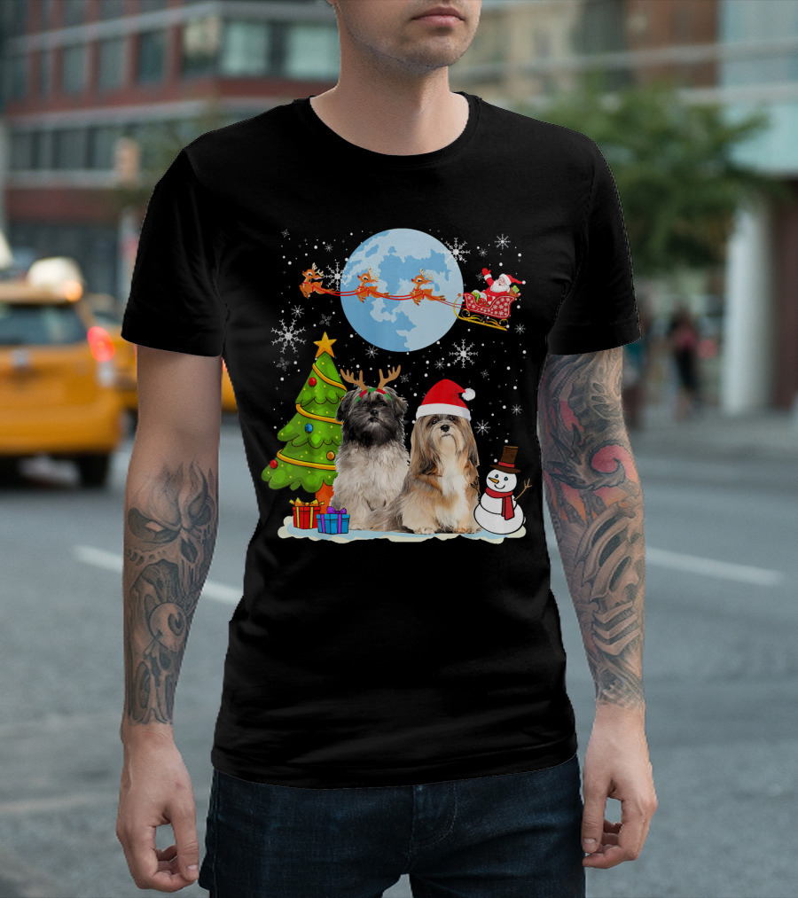 Funny Lhasa Apso Christmas Moon Santa Reindeer Sleigh Snowman Tree T-Shirt