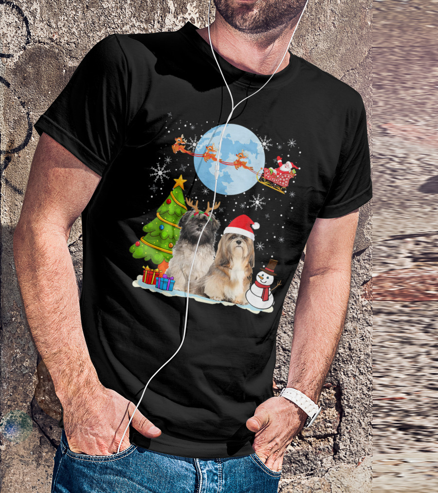 Funny Lhasa Apso Christmas Moon Santa Reindeer Sleigh Snowman Tree T-Shirt