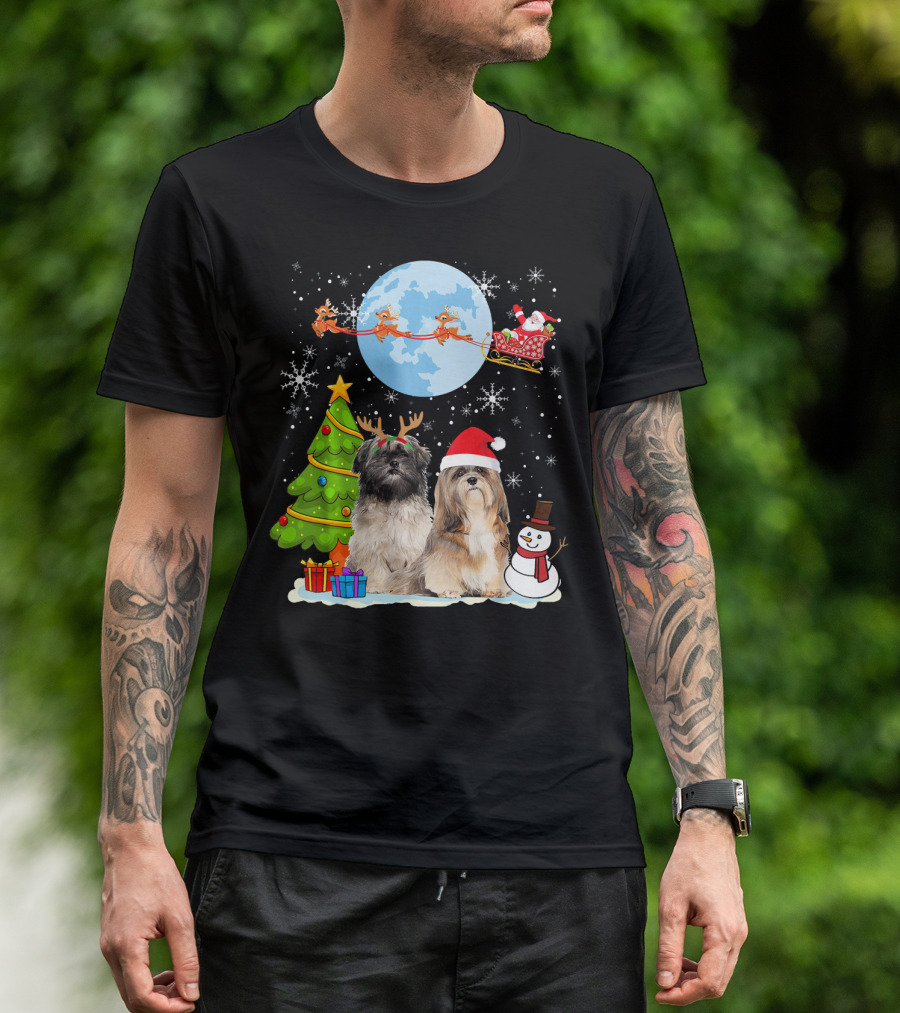 Funny Lhasa Apso Christmas Moon Santa Reindeer Sleigh Snowman Tree T-Shirt