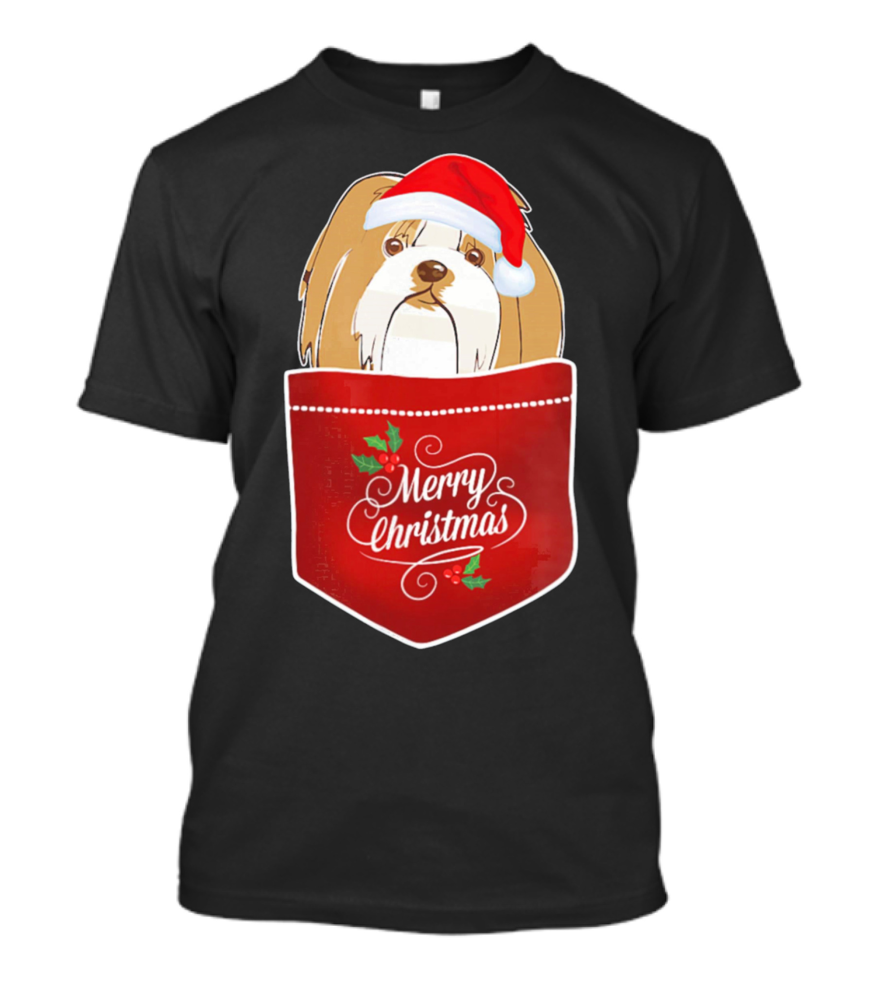 Merry Christmas Lhasa Apso In Santa Hat Pocket T-Shirt
