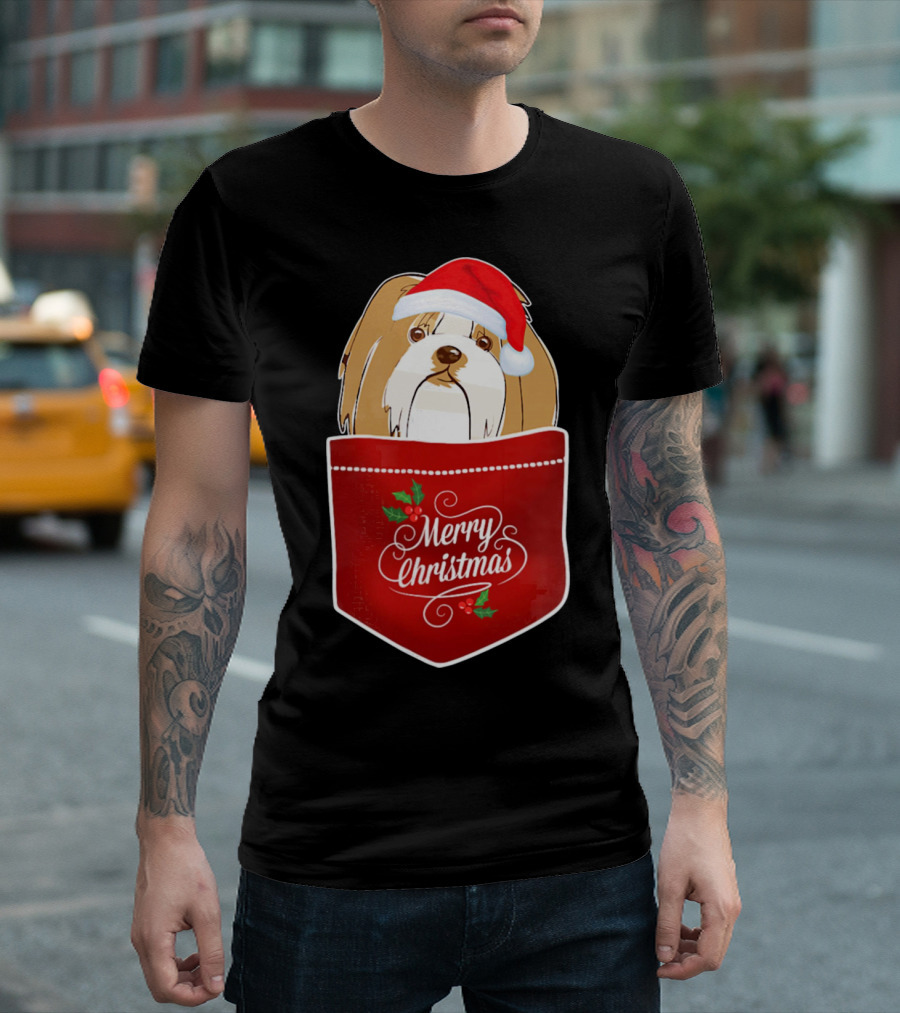 Merry Christmas Lhasa Apso In Santa Hat Pocket T-Shirt