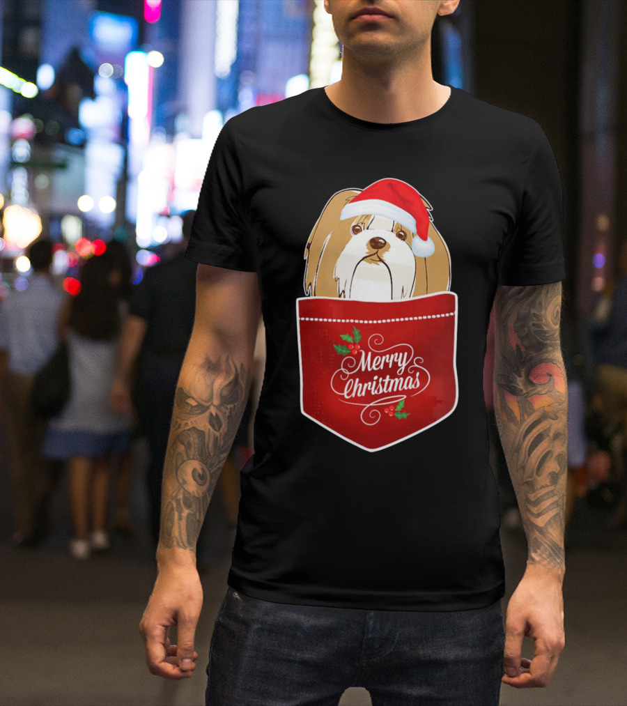 Merry Christmas Lhasa Apso In Santa Hat Pocket T-Shirt