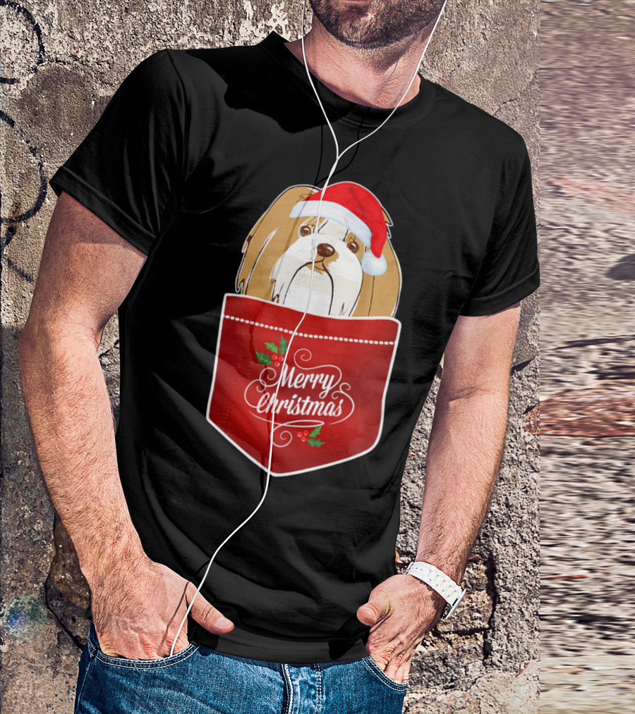 Merry Christmas Lhasa Apso In Santa Hat Pocket T-Shirt