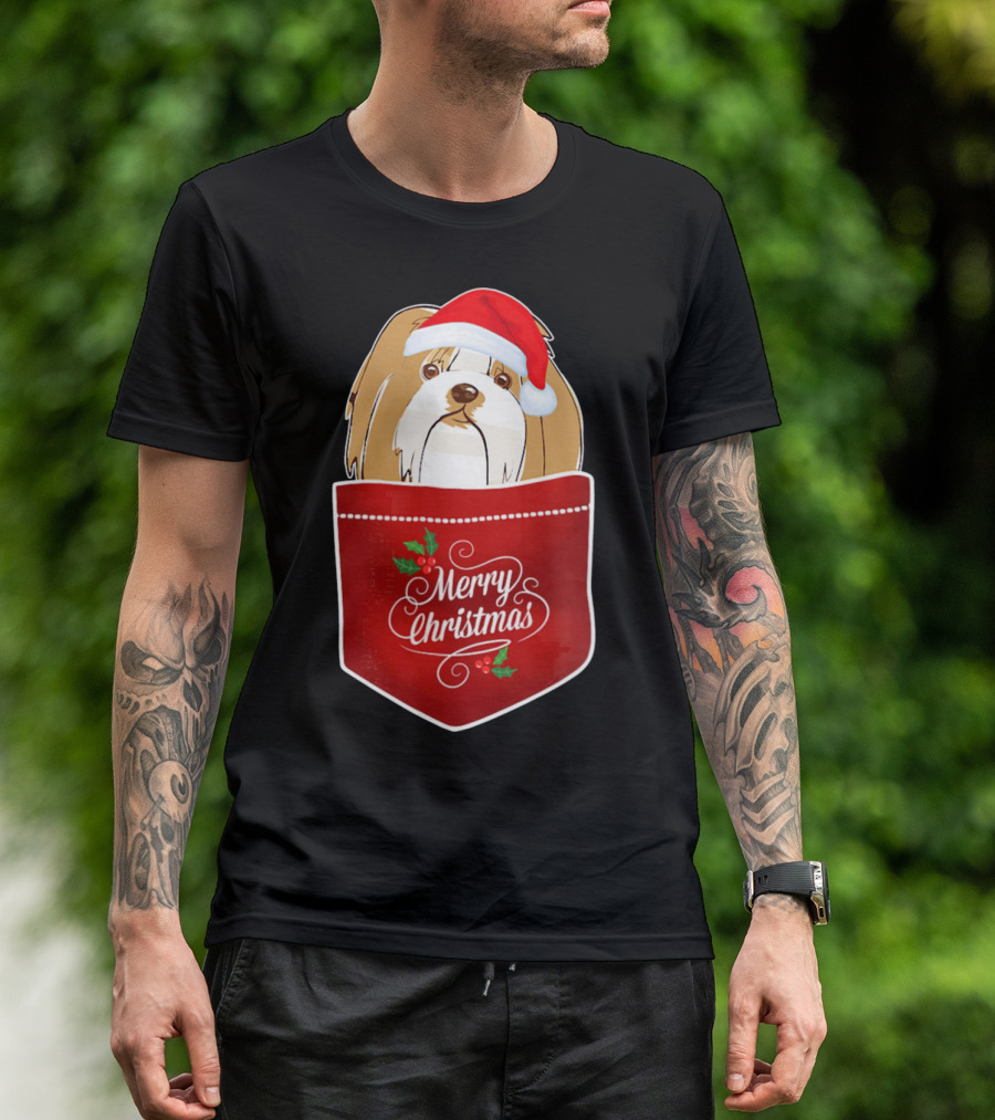 Merry Christmas Lhasa Apso In Santa Hat Pocket T-Shirt