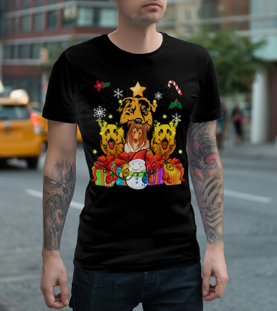 Funny Sheltie Christmas Tree with Presents and Snowman T-Shirt
