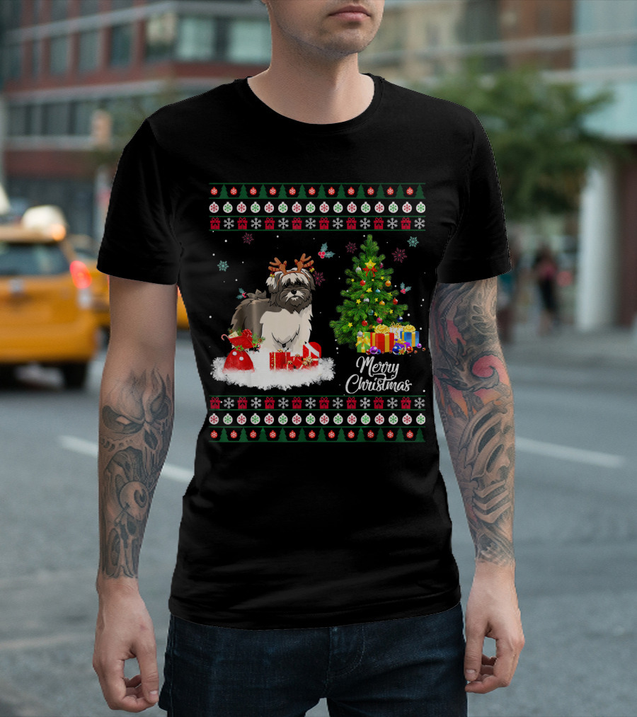 Merry Christmas Lhasa Apso Reindeer Presents Tree Snowflakes T-Shirt