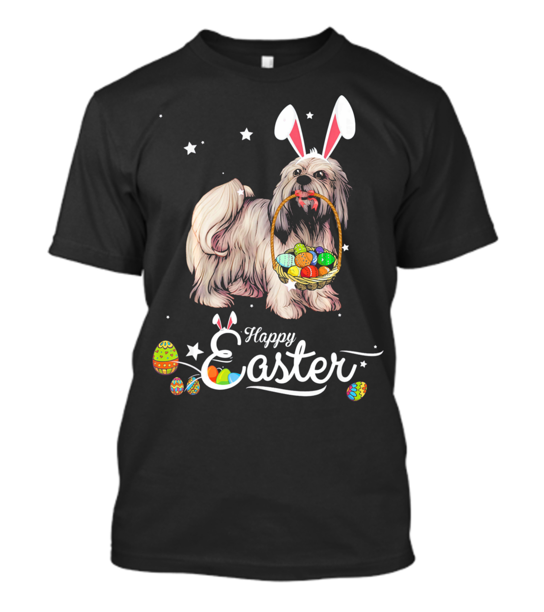 Lhasa Apso With Bunny Ears Holding Easter Egg Basket And Happy Easter Text T-Shirt