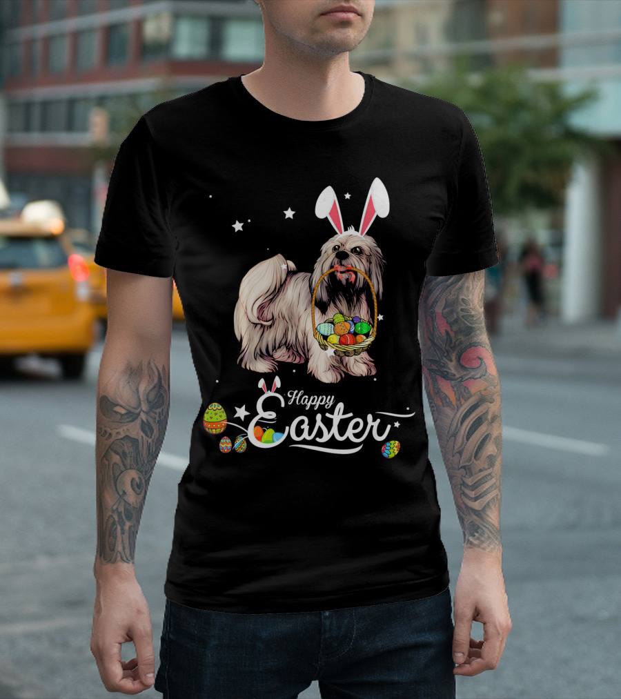 Lhasa Apso With Bunny Ears Holding Easter Egg Basket And Happy Easter Text T-Shirt