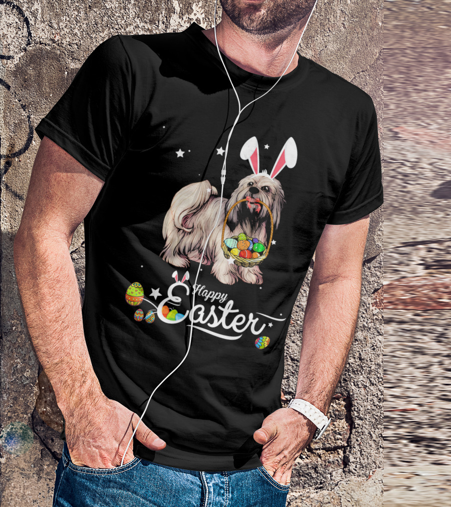 Lhasa Apso With Bunny Ears Holding Easter Egg Basket And Happy Easter Text T-Shirt