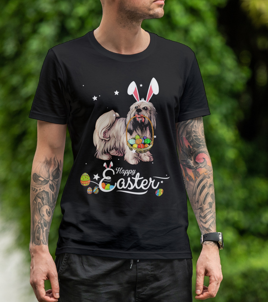 Lhasa Apso With Bunny Ears Holding Easter Egg Basket And Happy Easter Text T-Shirt