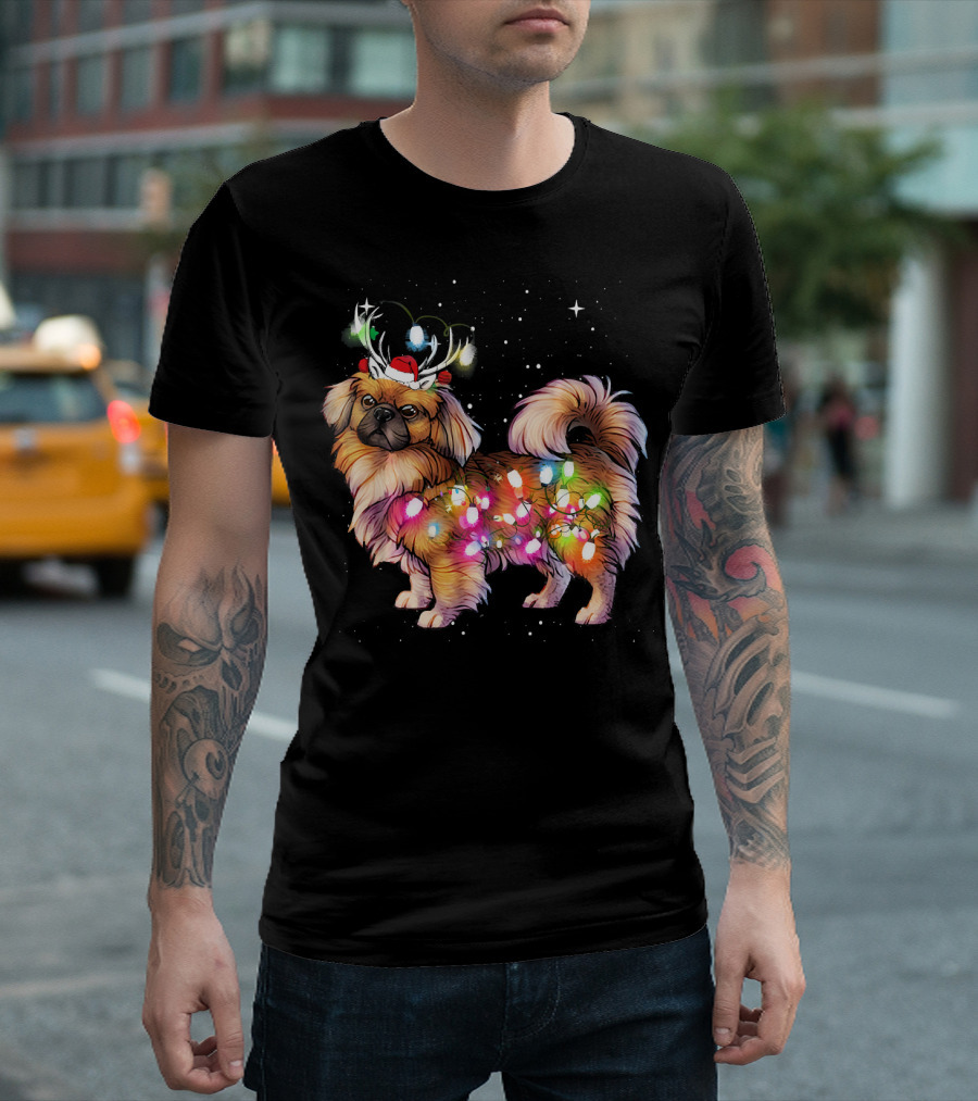 Christmas Lights Pekingese Dog with Santa Hat and Antlers T-Shirt