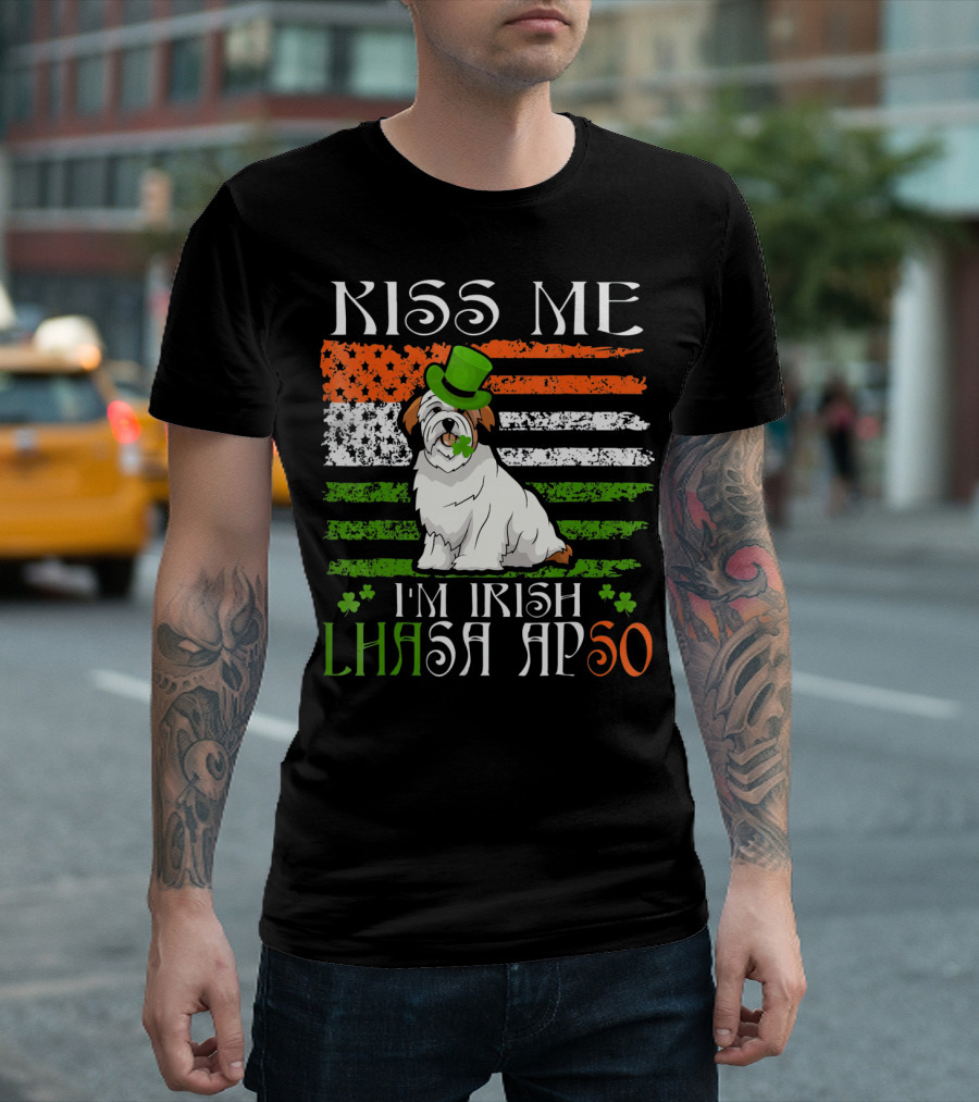 Kiss Me I'm Irish Lhasa Apso St Patrick's Day Dog With Hat And Shamrock T-Shirt