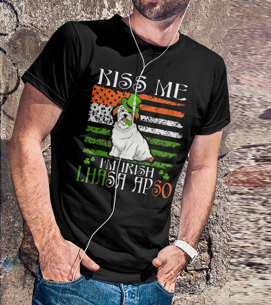 Kiss Me I'm Irish Lhasa Apso St Patrick's Day Dog With Hat And Shamrock T-Shirt