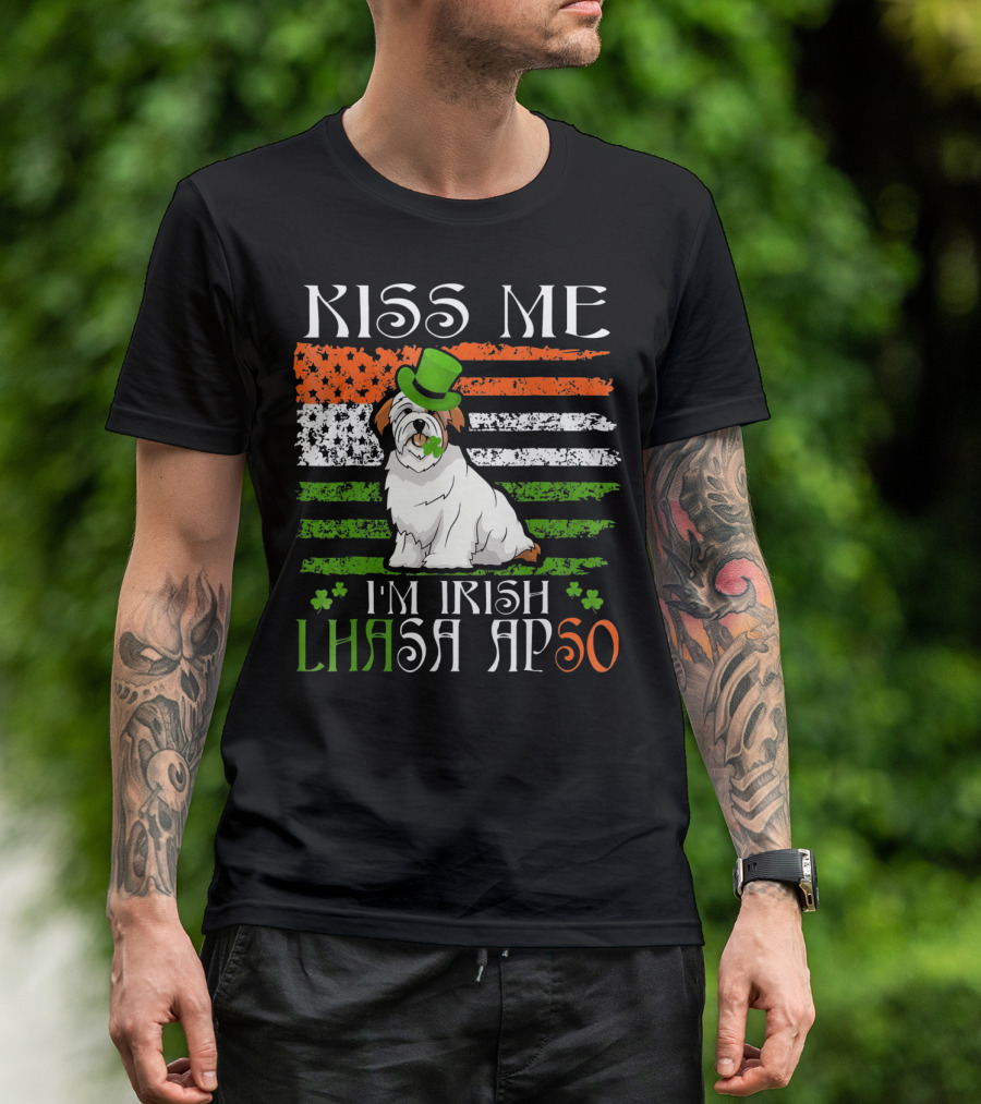 Kiss Me I'm Irish Lhasa Apso St Patrick's Day Dog With Hat And Shamrock T-Shirt