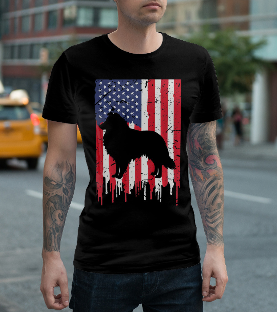 American Flag Shetland Sheepdog Silhouette Distressed Heart T-Shirt