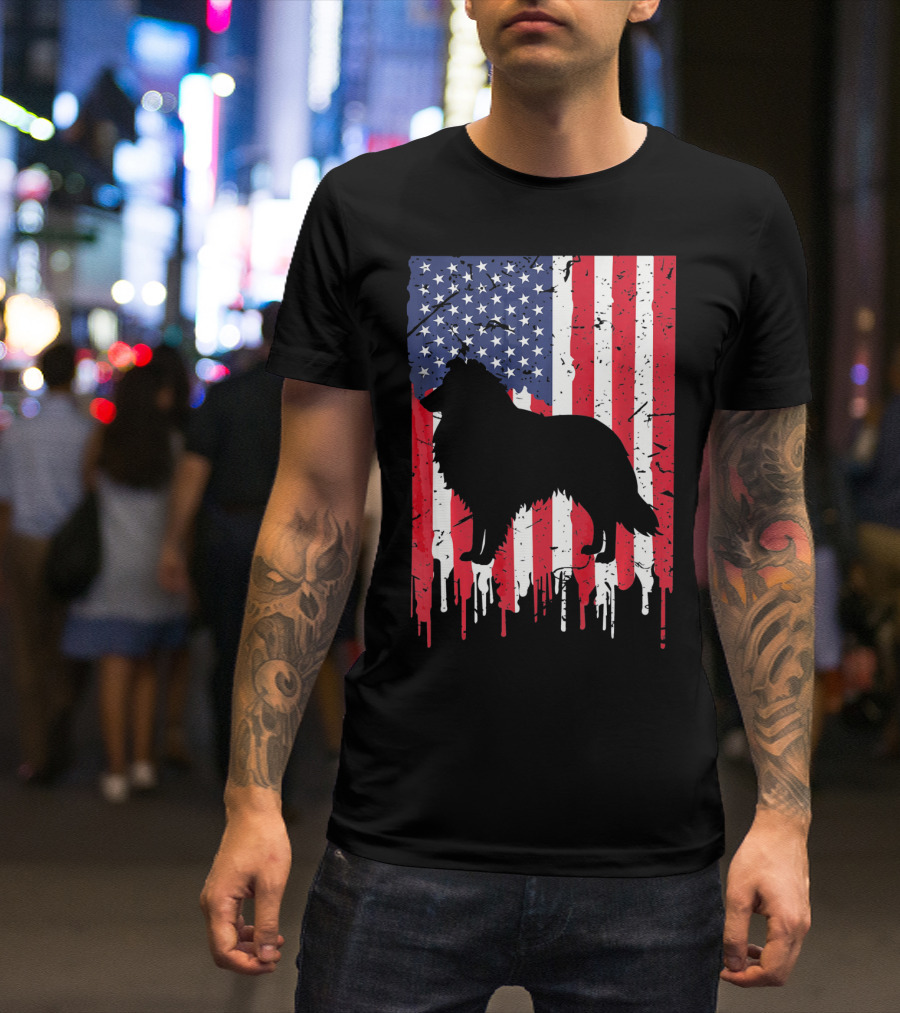 American Flag Shetland Sheepdog Silhouette Distressed Heart T-Shirt