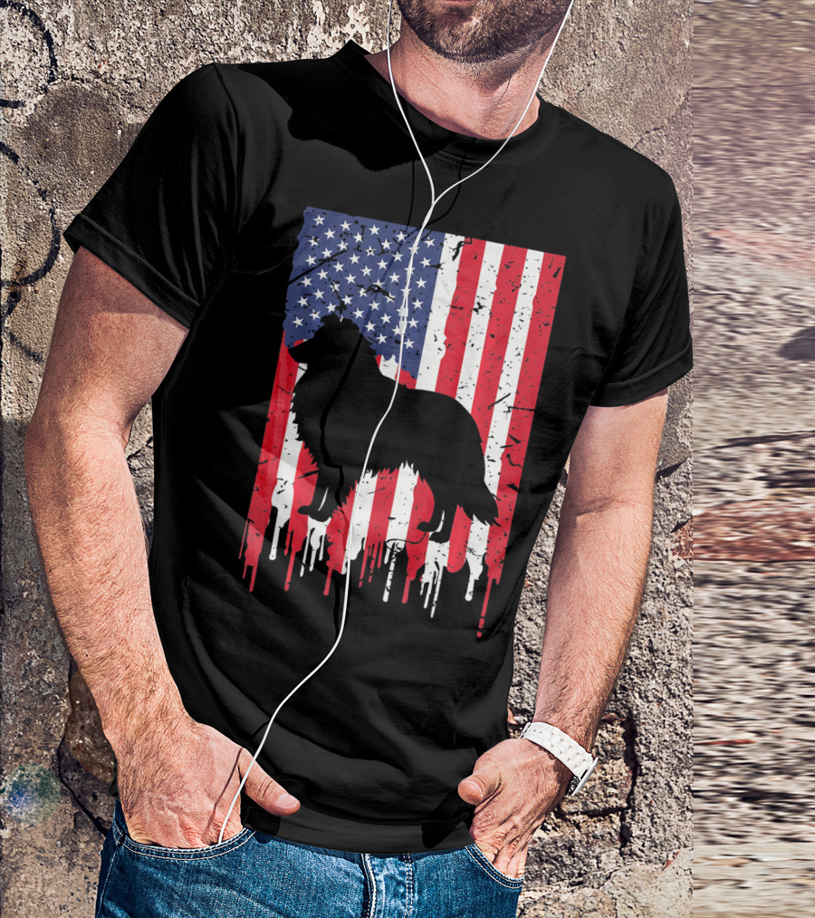 American Flag Shetland Sheepdog Silhouette Distressed Heart T-Shirt