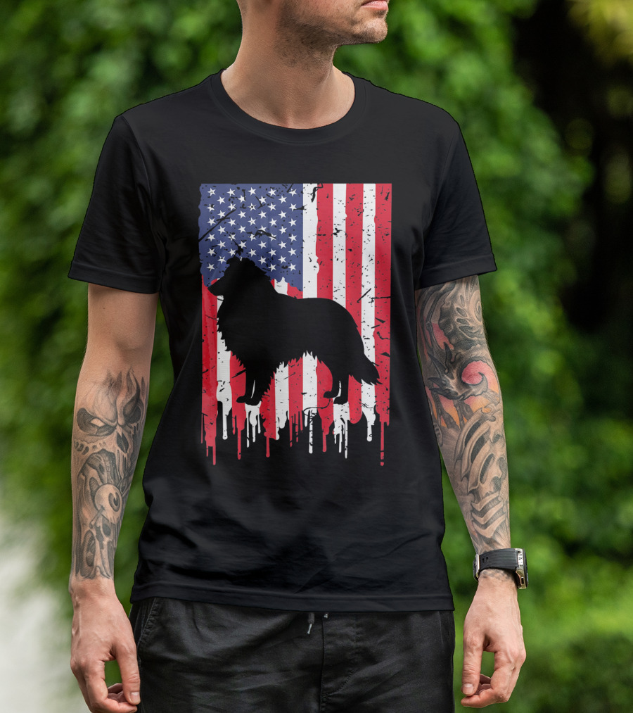 American Flag Shetland Sheepdog Silhouette Distressed Heart T-Shirt
