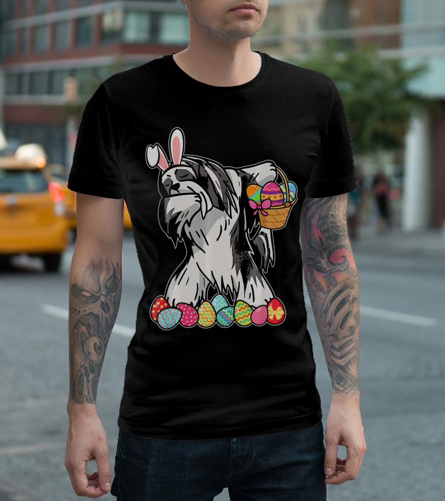 Lhasa Apso Dabbing Bunny with Easter Egg Basket and Colorful Eggs T-Shirt