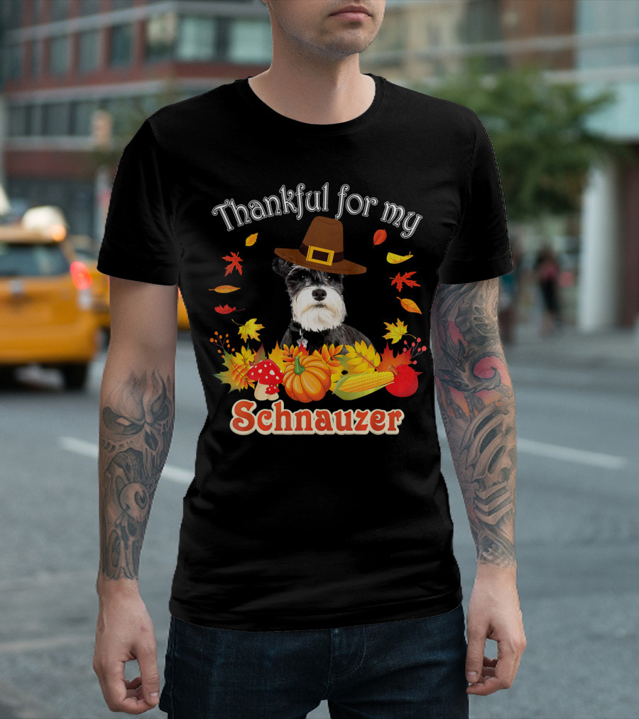 Thankful For My Schnauzer With Autumn Leaves And Pilgrim Hat T-Shirt