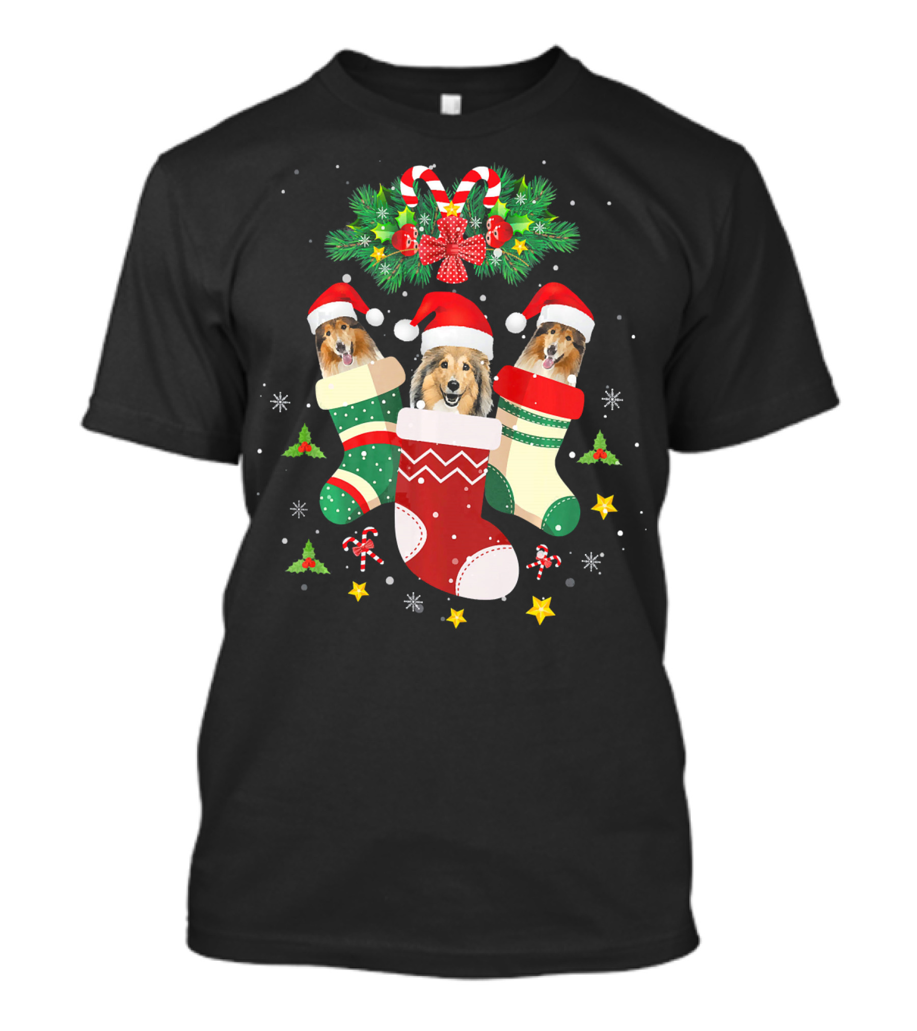 Sheltie Dog Christmas Stockings Santa Hats Holiday Socks Fun T-Shirt