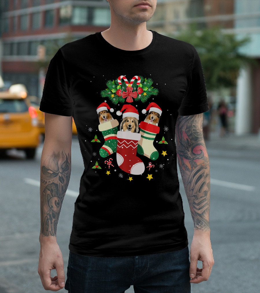 Sheltie Dog Christmas Stockings Santa Hats Holiday Socks Fun T-Shirt