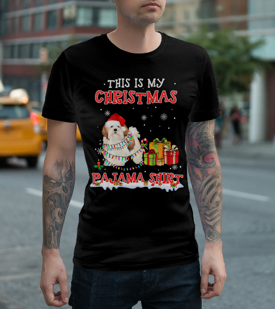 This Is My Christmas Pajama Shirt Lhasa Apso with Snowflakes and Gifts T-Shirt