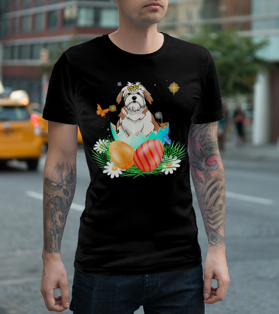 Lhasa Apso with Bunny Ears in Easter Egg with Butterflies and Flowers T-Shirt
