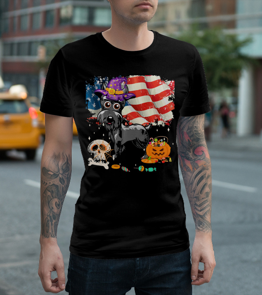 Schnauzer Halloween USA Flag Skull Pumpkin Candy T-Shirt