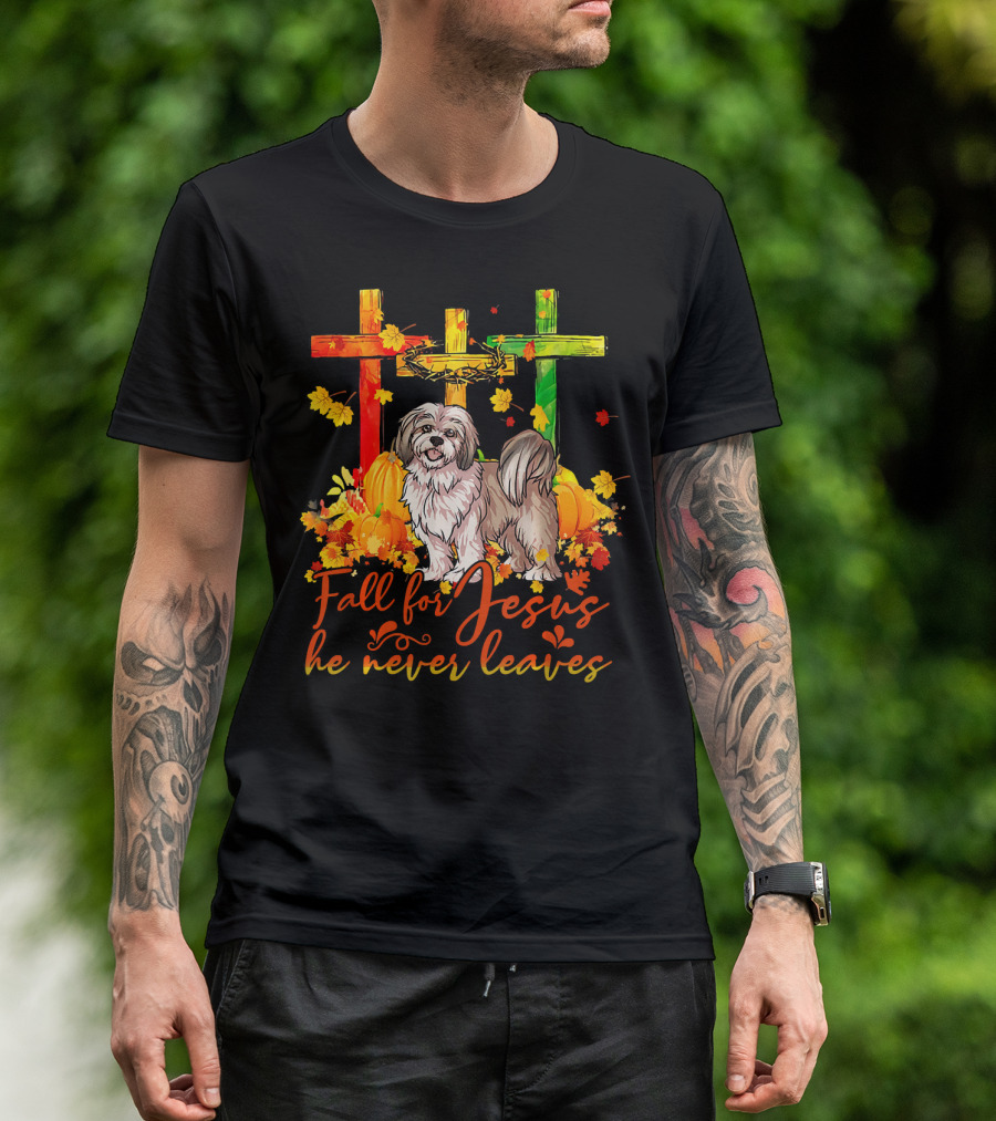 Fall For Jesus He Never Leaves Lhasa Apso Autumn Crosses Leaves Pumpkins T-Shirt