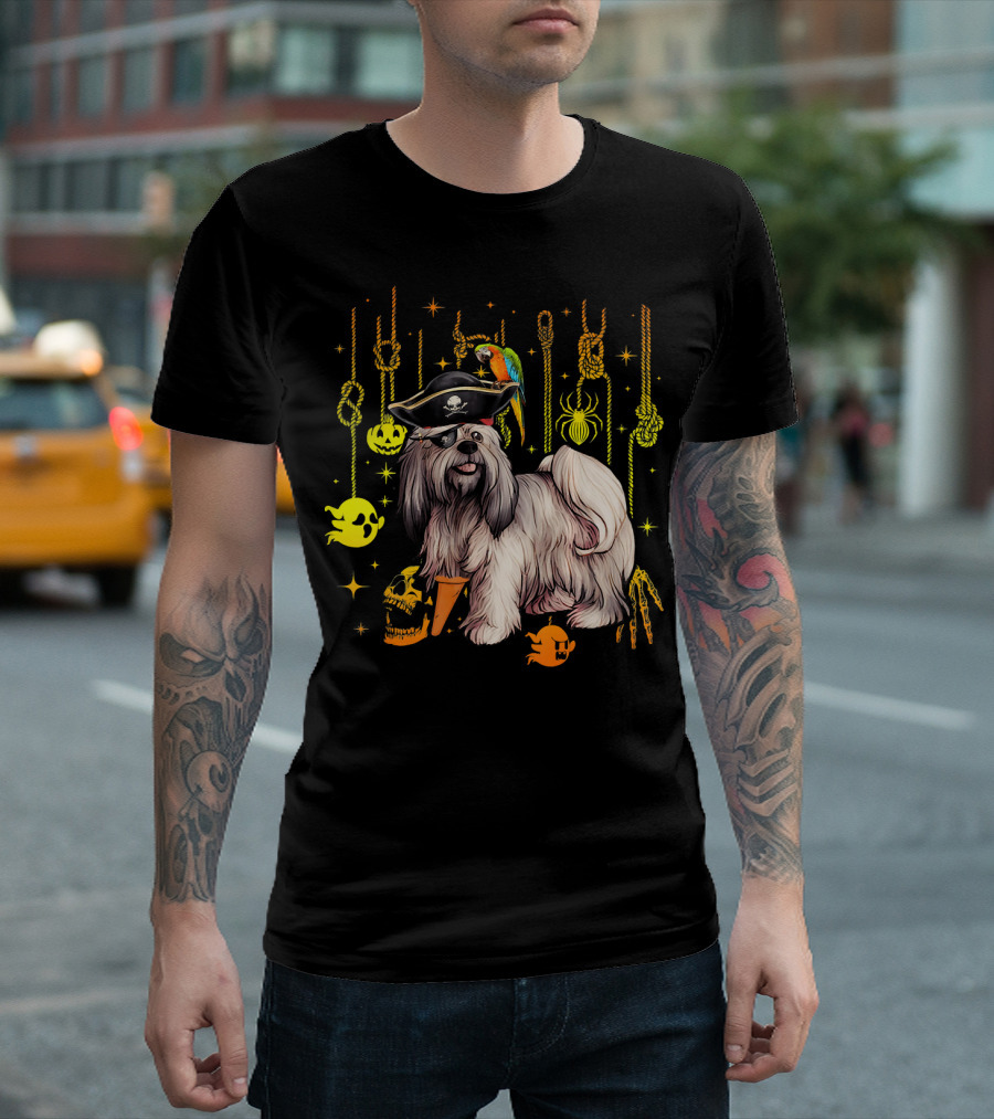 Lhasa Apso Pirate Parrot Halloween Dog Lovers Skulls and Ghosts T-Shirt