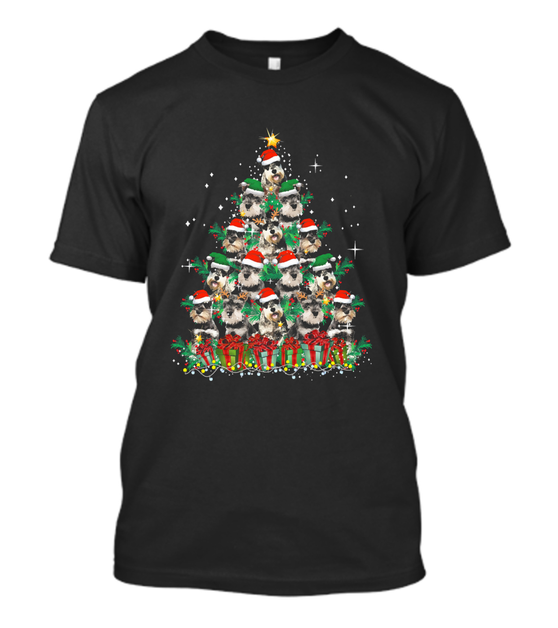 Cute Schnauzer Christmas Tree With Santa Hats And Presents T-Shirt