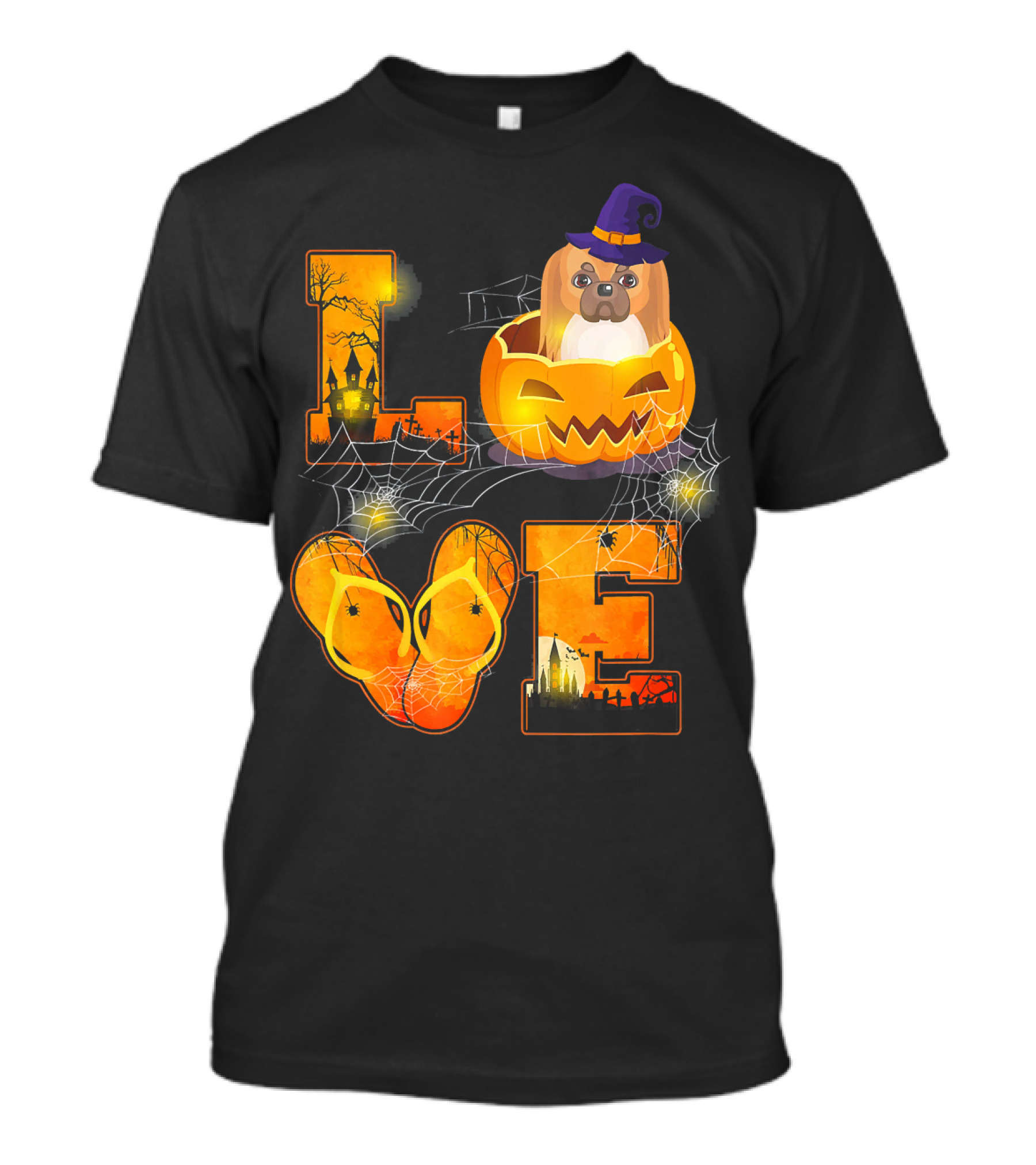 LOVE Halloween Pekingese In Pumpkin With Witch Hat And Cobwebs T-Shirt