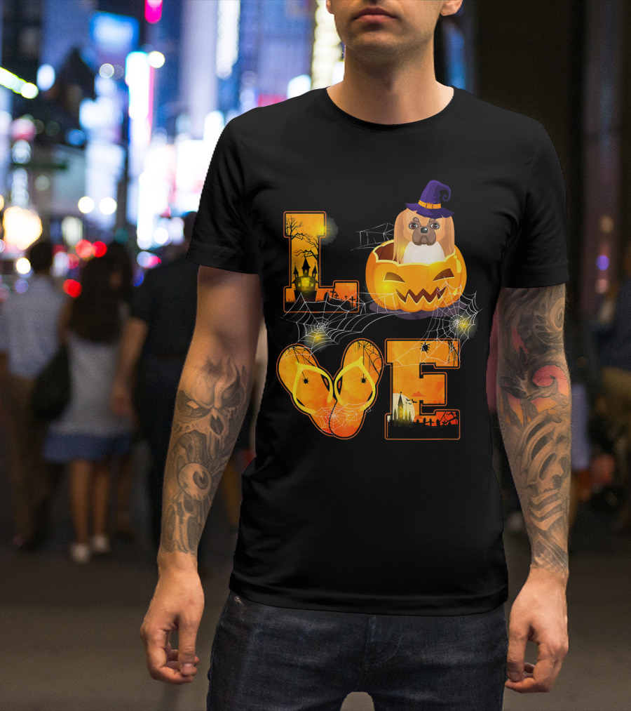 LOVE Halloween Pekingese In Pumpkin With Witch Hat And Cobwebs T-Shirt