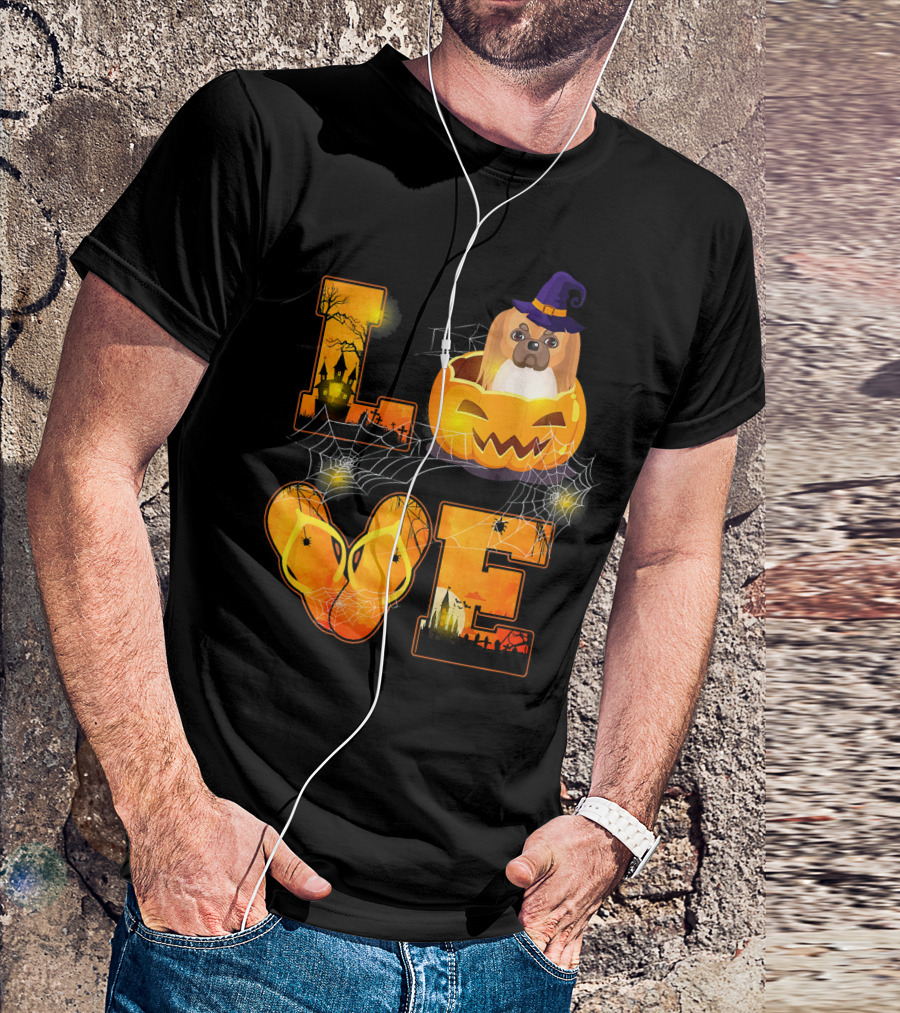 LOVE Halloween Pekingese In Pumpkin With Witch Hat And Cobwebs T-Shirt