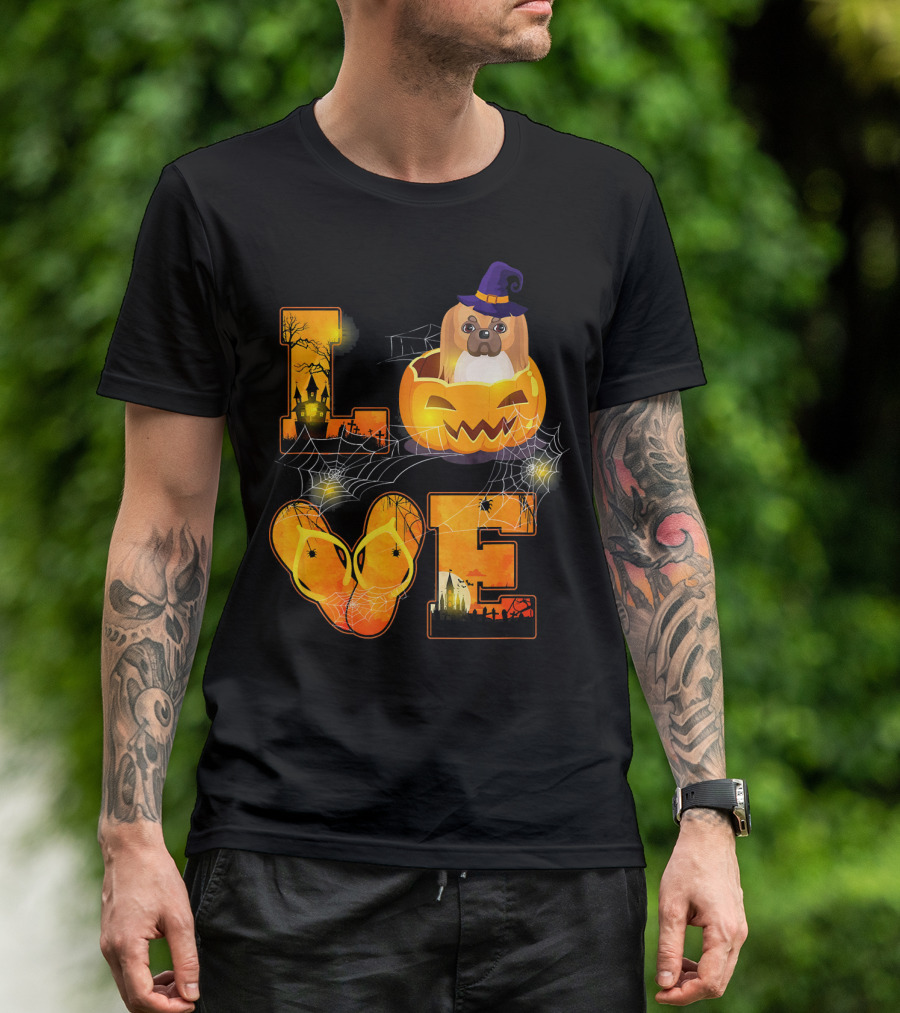 LOVE Halloween Pekingese In Pumpkin With Witch Hat And Cobwebs T-Shirt