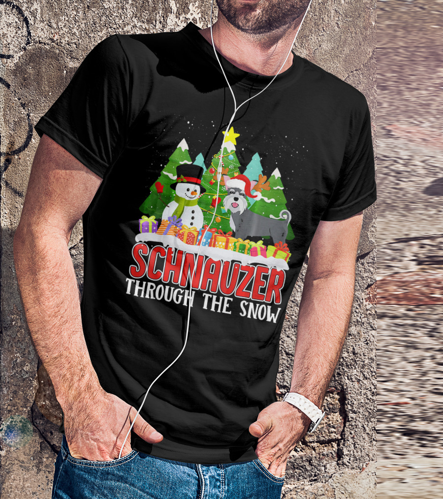 Schnauzer Through The Snow Christmas Tree Snowman Presents T-Shirt