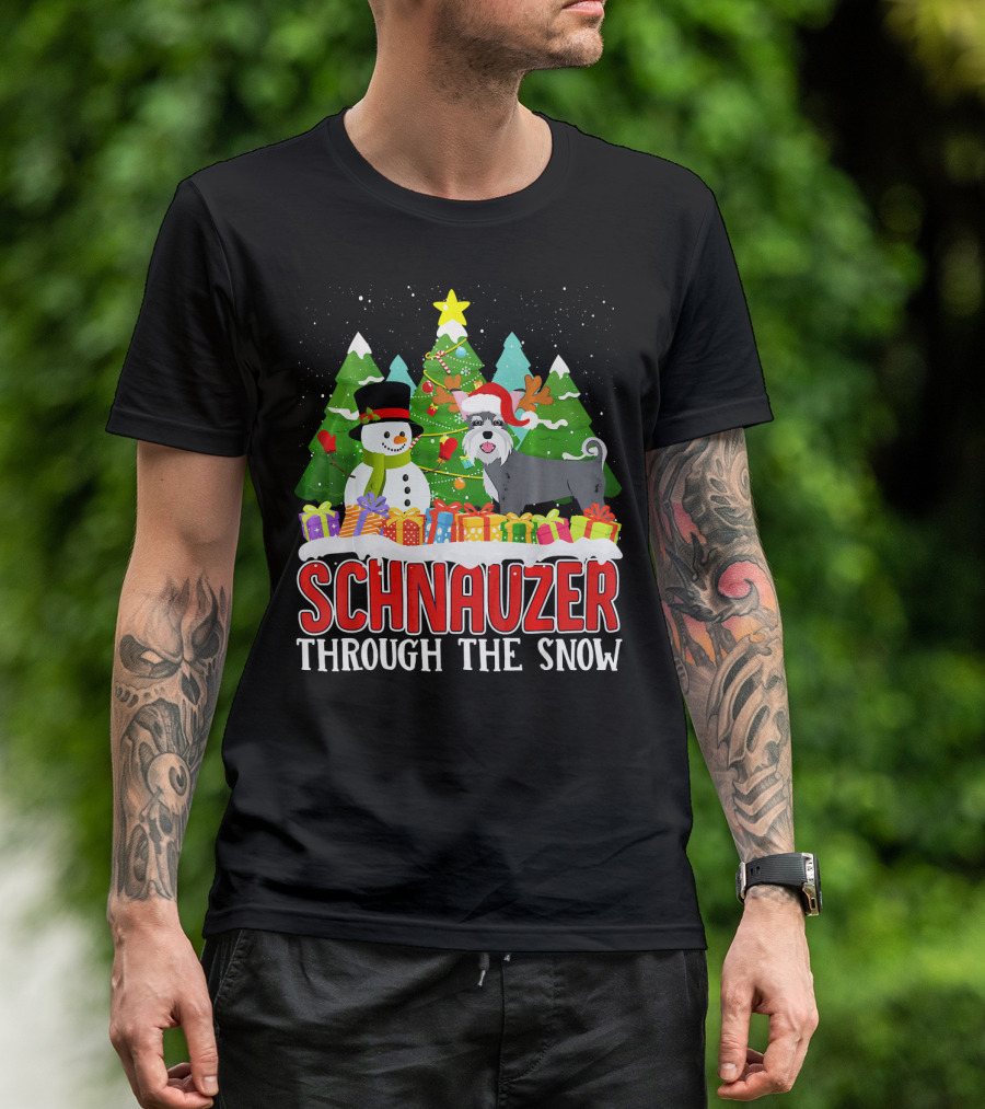 Schnauzer Through The Snow Christmas Tree Snowman Presents T-Shirt
