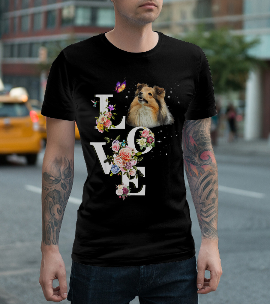 LOVE Sheltie Flower Butterfly T-Shirt