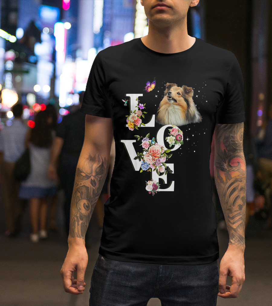 LOVE Sheltie Flower Butterfly T-Shirt