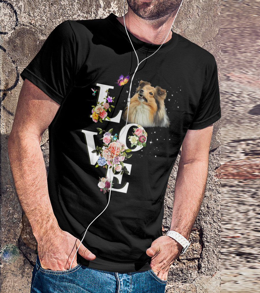 LOVE Sheltie Flower Butterfly T-Shirt