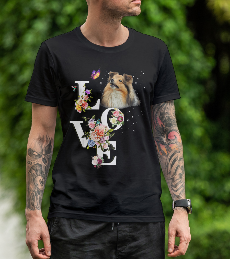 LOVE Sheltie Flower Butterfly T-Shirt