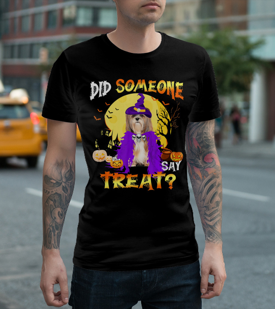 Did Someone Say Lhasa Apso Dog Halloween Treat in Witch Hat and Purple Boa T-Shirt