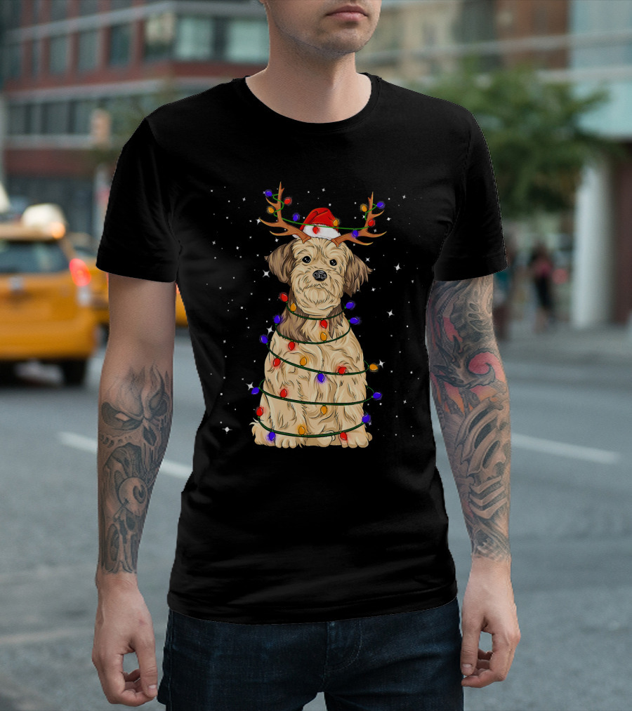 Lhasa Apso Christmas Lights Santa Hat Reindeer Antlers Dog T-Shirt