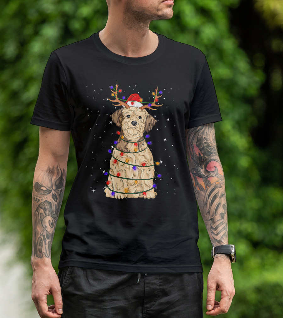 Lhasa Apso Christmas Lights Santa Hat Reindeer Antlers Dog T-Shirt
