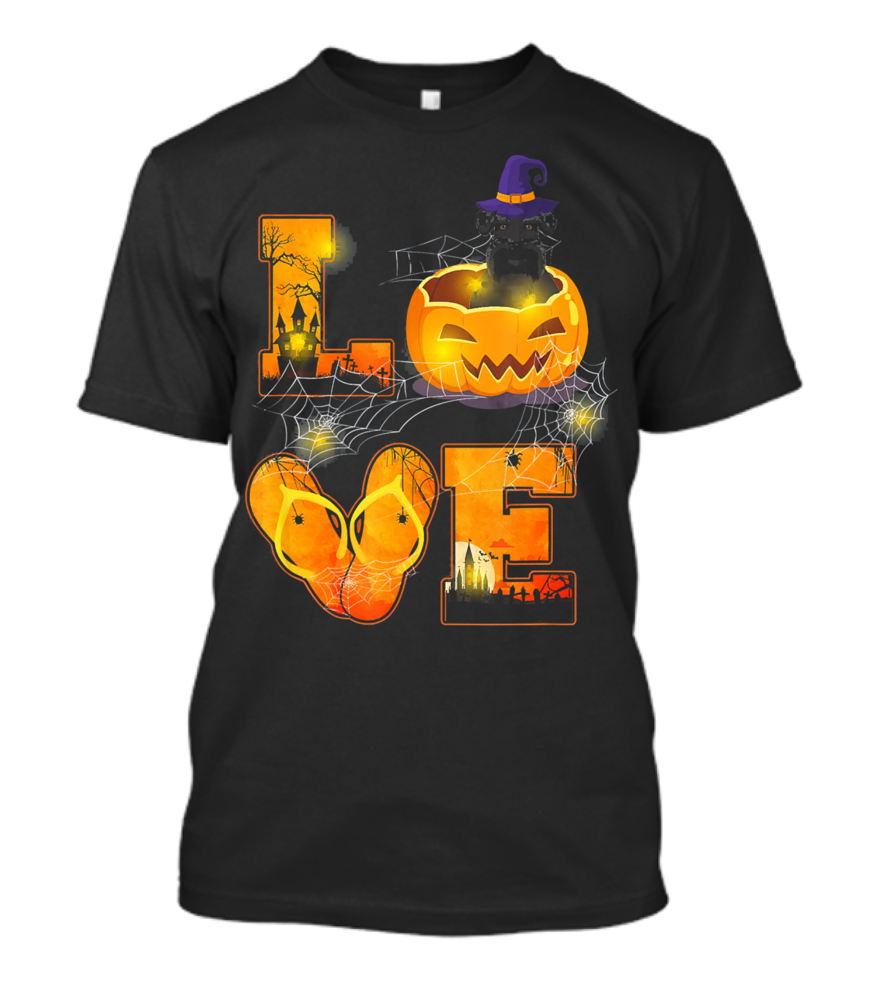 LOVE Halloween Pumpkin Witch Hat Standard Schnauzer Spooky Scene T-Shirt